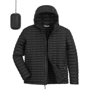 image33000ft Mens Thermolite Packable Hooded Quilted Puffer Jacket Lightweight Warm Puffy Insulated Winter CoatBlack