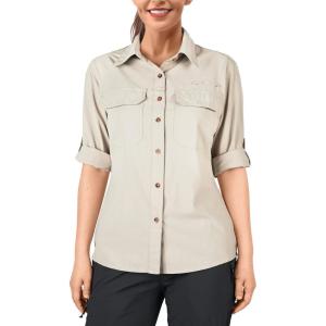 image33000ft Womens UPF 50 UV Sun Protection Shirt Cool Quick Dry Long Sleeve Outdoor Fishing Hiking Safari Travel ShirtLight Khaki