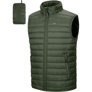 image33000ft Mens Lightweight Packable Insulated Puffer Vest Outerwear Warm Winter Sleeveless Jacket for Golf RunningArmy Green