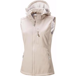 image33000ft Womens Hooded Lightweight Softshell Vest Fleece Lined Windproof Zip Up Sleeveless Jacket for Hiking Golf RunningLight Khaki