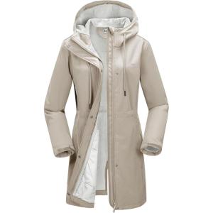 image33000ft Womens Softshell Long Jacket with Hood Fleece Lined Windproof Warm up Waterproof WindbreakerLight Khaki