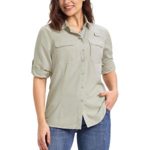 image33000ft Womens UPF 50 UV Long Sleeve Sun Protection Safari Shirts Quick Dry Outdoor Fishing Hiking Travel ShirtKhaki