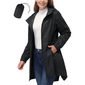 image33000ft Womens Waterproof Long Rain Coats Packable Rain Jacket with Hood Trench Coats WindbreakerBlack