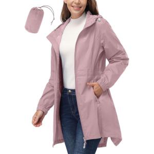 image33000ft Womens Waterproof Long Rain Coats Packable Rain Jacket with Hood Trench Coats WindbreakerDry Rose