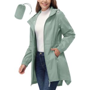 image33000ft Womens Waterproof Long Rain Coats Packable Rain Jacket with Hood Trench Coats WindbreakerGreen
