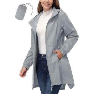 image33000ft Womens Waterproof Long Rain Coats Packable Rain Jacket with Hood Trench Coats WindbreakerLight Grey