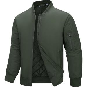 image33000ft Mens Bomber Jacket Waterproof Zip Up Windbreaker Quilted Padded Lightweight Warm Casual Spring Fall Winter CoatArmy Green