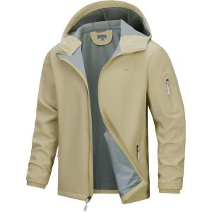 image33000ft Mens Hooded Softshell Jacket Waterproof Lightweight Insulated Windbreaker Fleece Lined Rain Shell JacketLight Khaki