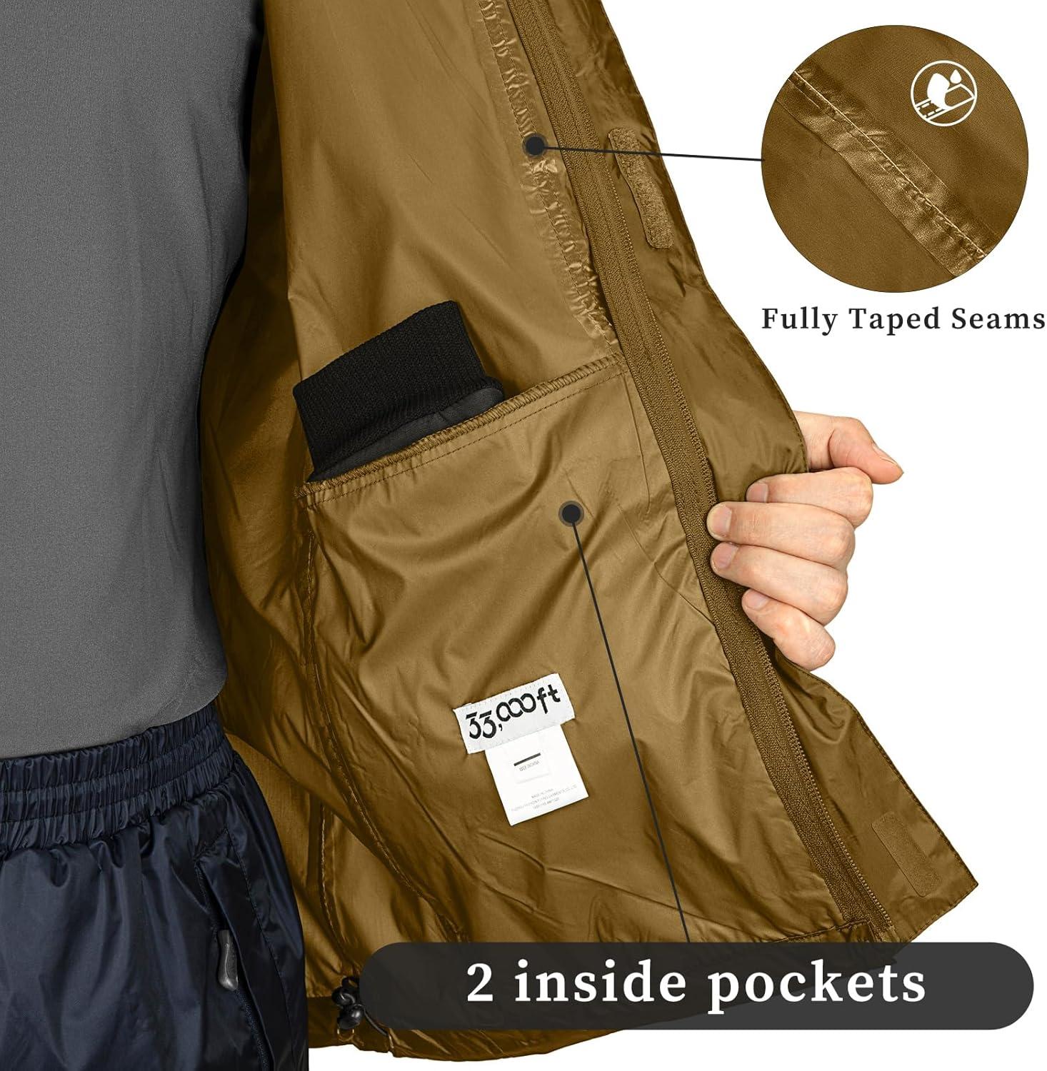 image33000ft Packable Rain Jacket Mens Lightweight Waterproof Rain Shell Jacket Raincoat with Hood for Golf Cycling WindbreakerLight Brown