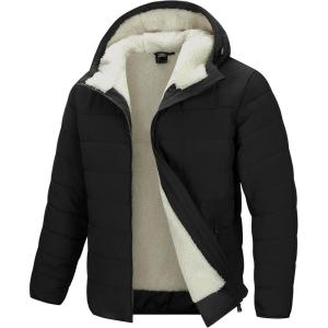 image33000ft Mens Hooded Winter Puffer Jacket Sherpa Fleece Lined Lightweight Warm Quilted Insulated Puffy CoatBlack